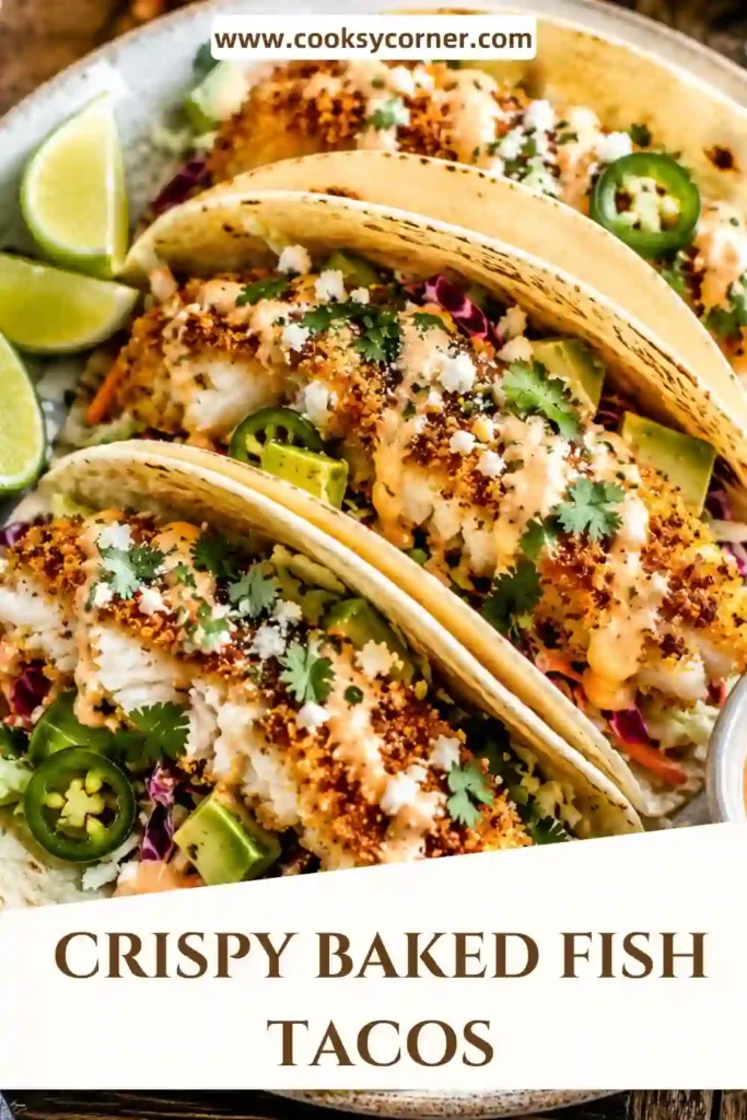 Crispy Baked Fish Tacos filled with golden panko-coated white fish, cilantro lime slaw, and sliced avocado. Smoky chipotle crema is drizzled over the tacos for a creamy finish.