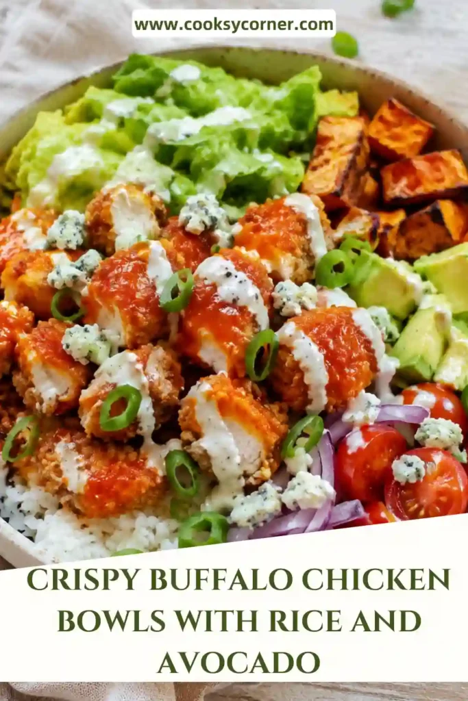 Crispy chicken bowl topped with sweet and spicy buffalo chicken, creamy avocado, carrots, celery, and chopped green onions. Jasmine rice creates a hearty base for the fresh toppings.