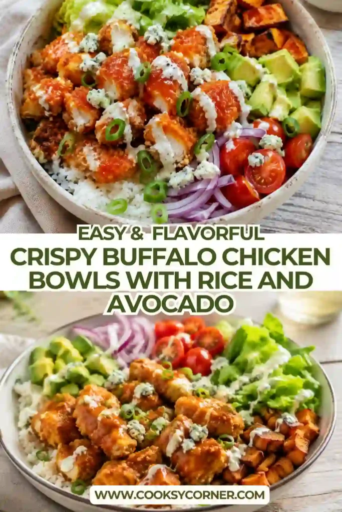 Homemade buffalo chicken rice bowl filled with crispy saucy chicken, fluffy rice, fresh avocado, sliced carrots, and crunchy celery. A colorful high-protein chicken dinner with spicy buffalo flavor.