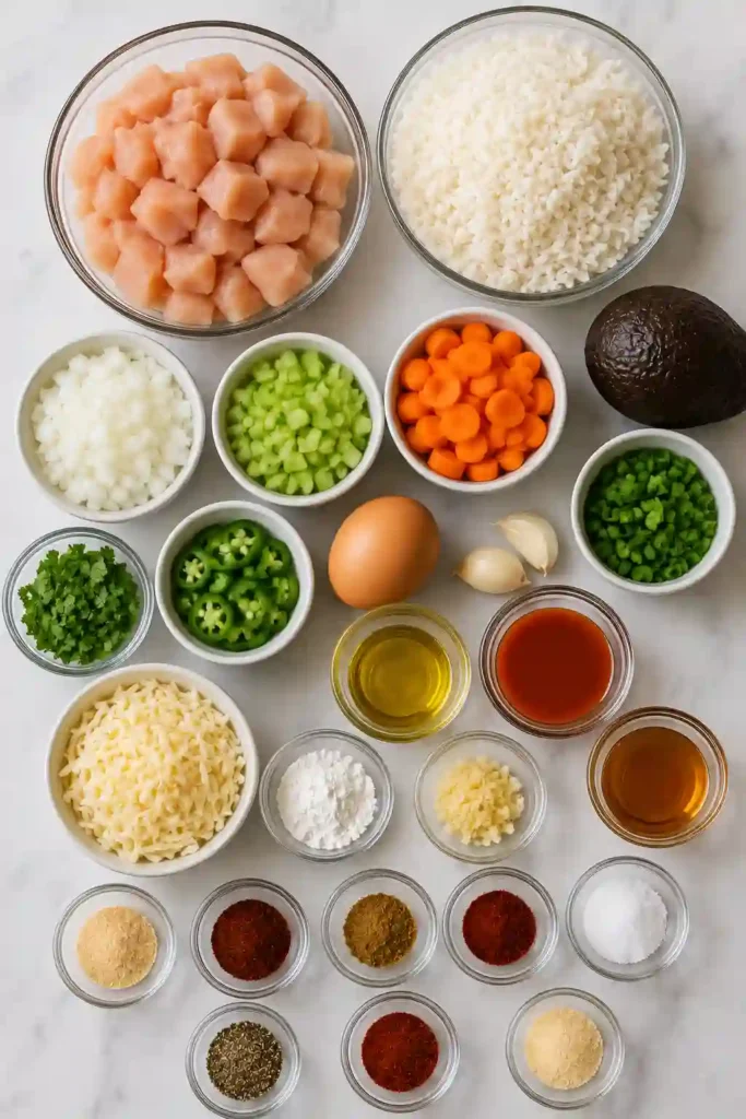 Spicy Crispy Buffalo Chicken Bowls arranged with golden chicken pieces, white rice, fresh vegetables, and avocado. Buffalo sauce gives the chicken a glossy, fiery orange finish.
