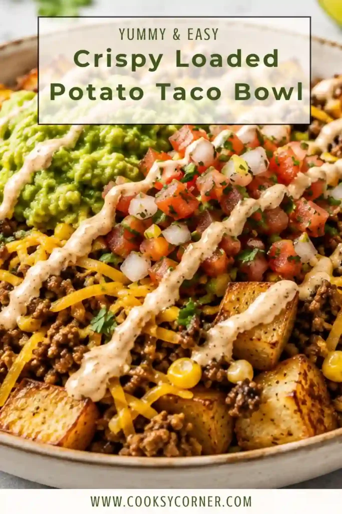 Golden crispy potatoes topped with seasoned ground beef, sweet corn, cheddar cheese, guacamole, and fresh pico de gallo. This easy taco bowl recipe combines loaded potato flavors with a hearty taco-inspired dinner.