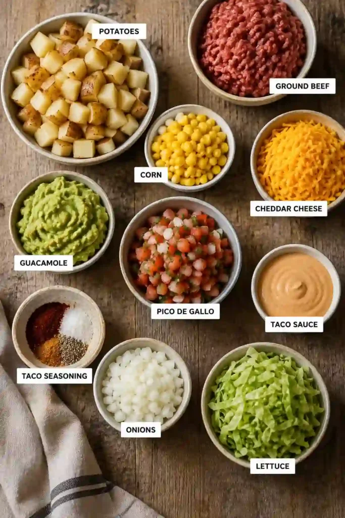 Close-up of a crispy potato bowl layered with seasoned beef and corn, then topped with cheddar, sour cream, guacamole, and pico de gallo. The colorful taco potato bowl is served warm for an easy family meal.