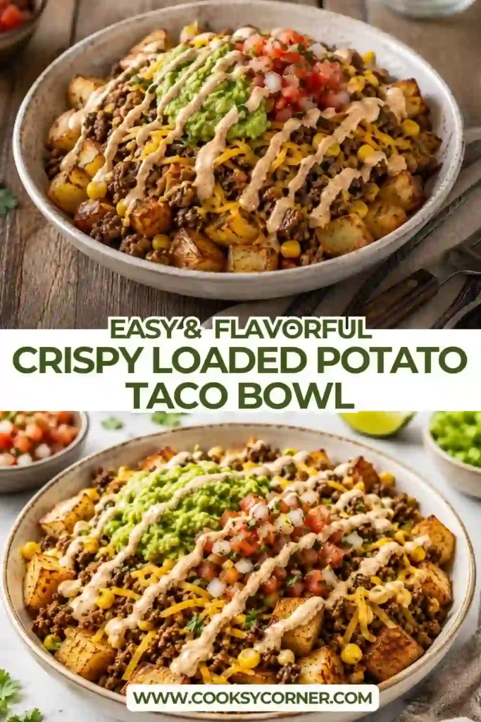 A homemade Crispy Loaded Potato Taco Bowl filled with roasted potatoes and savory taco-seasoned beef. Cheddar cheese, fresh pico de gallo, creamy guacamole, and sour cream complete the loaded potato bowl.