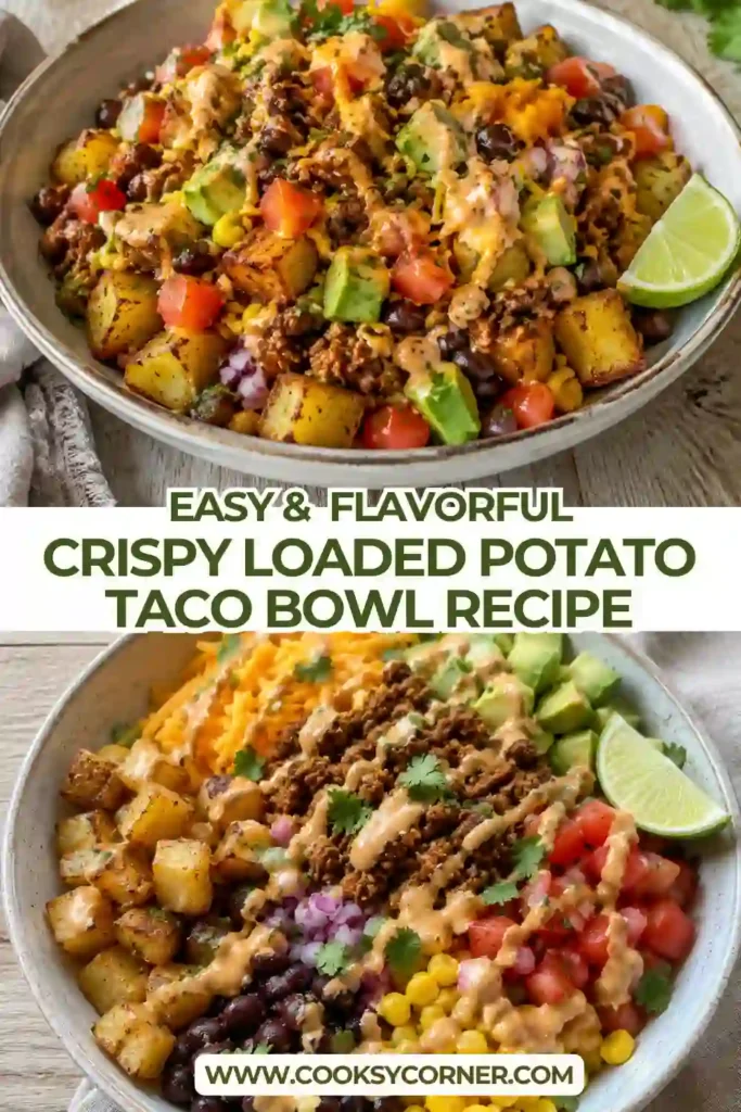 Ground beef taco bowl served over golden crispy potato chunks with corn, cheese, guacamole, and fresh tomato salsa. The bowl combines warm savory ingredients with colorful fresh toppings.