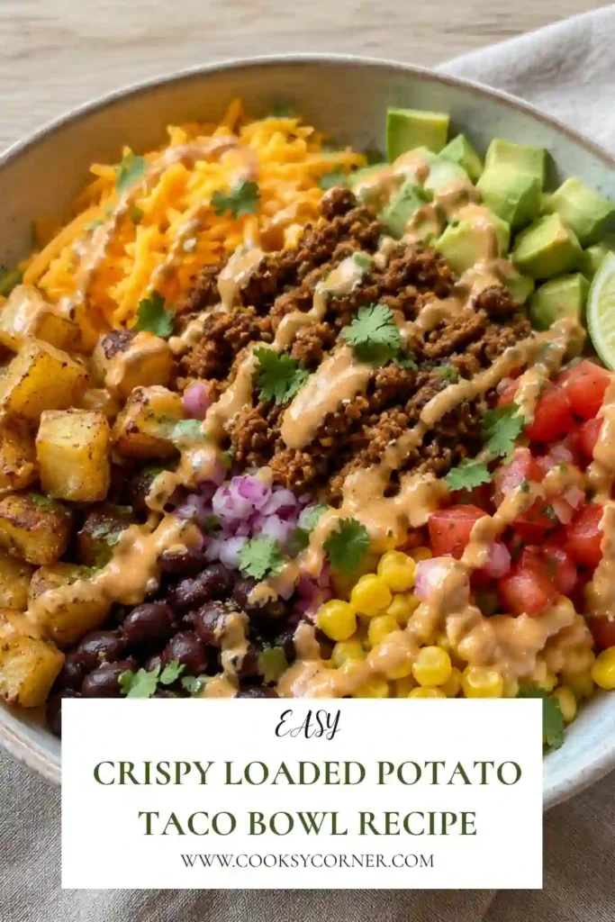 Loaded potato taco bowl filled with crispy roasted potatoes, seasoned ground beef, sweet corn, cheddar cheese, fresh pico de gallo, and creamy guacamole. Sour cream finishes the hearty taco-inspired dinner.