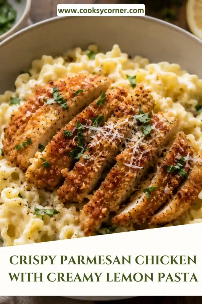 Baked crispy Parmesan chicken sliced over creamy garlic lemon pasta with fresh herbs. Golden panko breadcrumbs create a crunchy coating on the tender chicken.