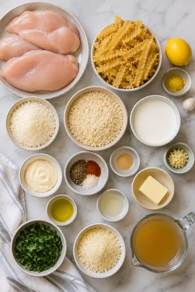 Crispy chicken pasta featuring Parmesan breaded chicken over creamy lemon pasta with basil and fresh lemon. The golden chicken has a crunchy exterior and tender center.
