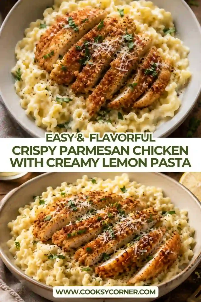 Creamy lemon chicken pasta topped with crispy Parmesan crusted chicken, fresh basil, and lemon. The pasta is coated in a rich garlic cream sauce.