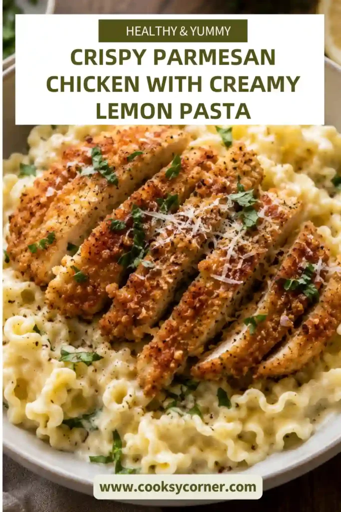 Crispy Parmesan Chicken with Creamy Lemon Pasta served in a shallow bowl with golden sliced chicken over silky pasta. Fresh basil, Parmesan, and lemon garnish the creamy chicken pasta.