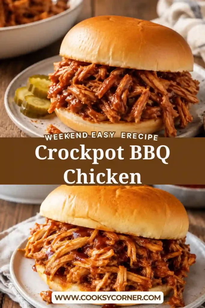 Tender pulled BBQ chicken prepared in a slow cooker with sweet and tangy barbecue sauce. The juicy shredded chicken makes an easy family-friendly dinner.