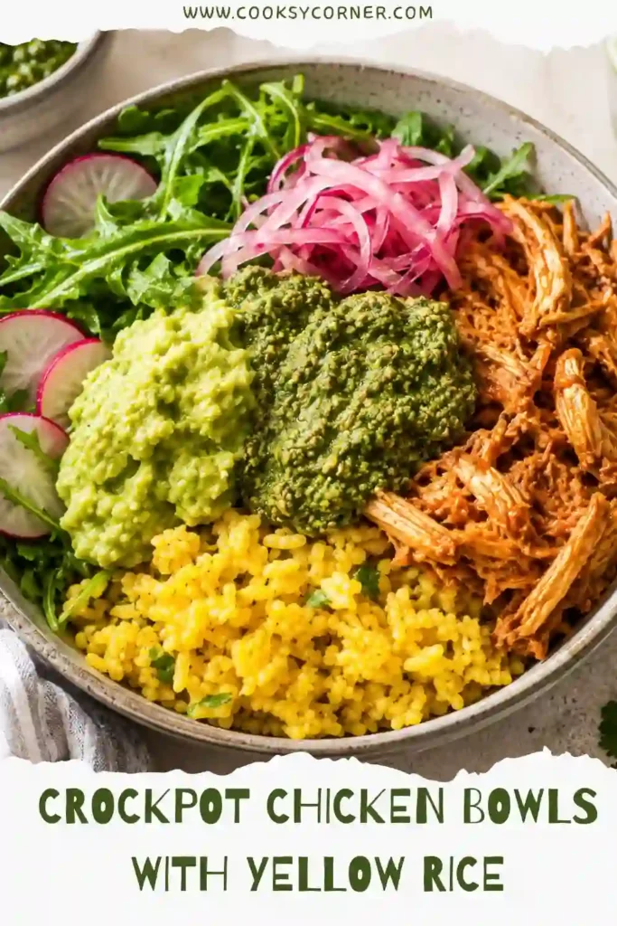 Slow cooker chicken bowls topped with homemade cilantro pesto, pickled onions, and seasoned yellow rice. A vibrant Tex-Mex inspired dinner packed with fresh flavors.