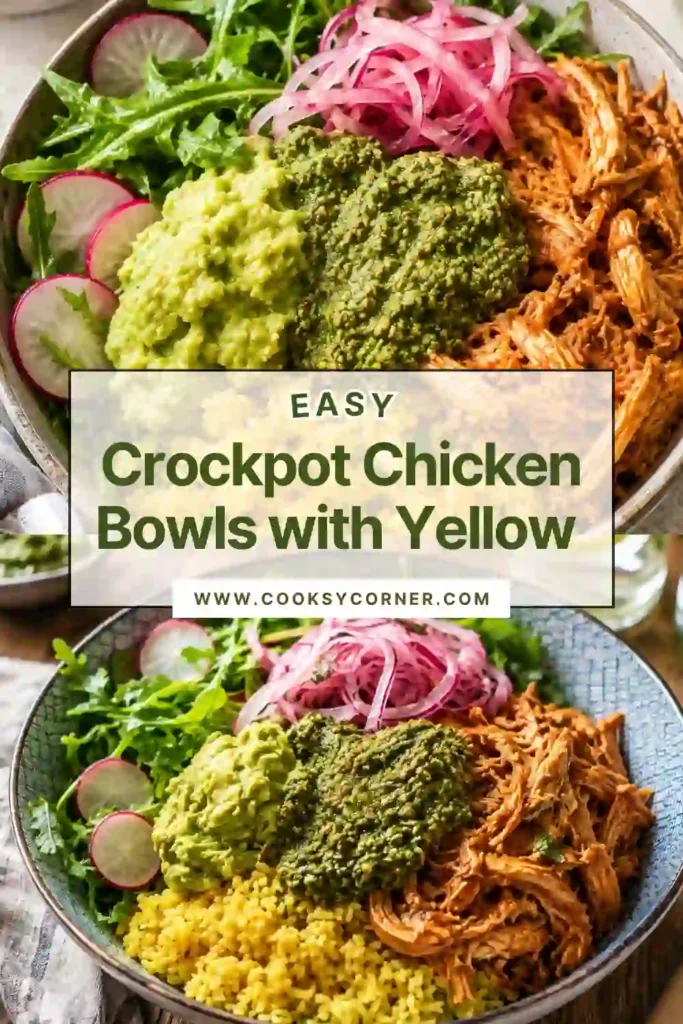Juicy shredded chicken served over fluffy yellow rice with creamy cilantro pesto and fresh salad greens. This healthy chicken bowl is ideal for busy weeknight meals.