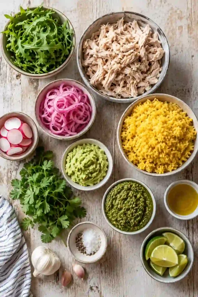 Easy Crockpot Chicken Bowls with tender chicken, fluffy rice, bright cilantro pesto, and fresh toppings arranged in a colorful serving bowl. A wholesome meal for lunch or dinner.