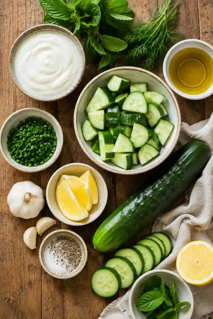 A chilled bowl of cucumber soup topped with chopped herbs, diced cucumber, and olive-colored rapeseed oil. A refreshing cold cucumber soup recipe.