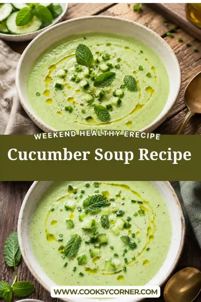 Refreshing cold cucumber soup garnished with diced cucumber, fresh mint, and chives in a serving bowl. An easy healthy cucumber soup for warm days.