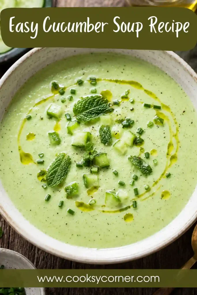 A bowl of creamy cucumber soup topped with fresh chopped cucumber, mint, and chives. This chilled cucumber soup made with Greek yogurt is a refreshing summer recipe.