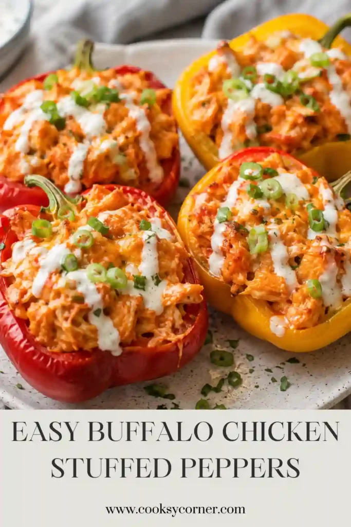 Low carb stuffed peppers filled with creamy buffalo chicken, green onions, and savory seasonings. The colorful bell peppers are baked until tender with a lightly browned filling.