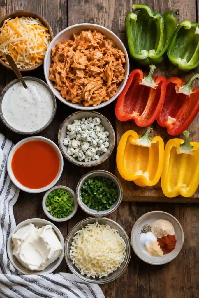 Dairy free buffalo chicken stuffed inside roasted bell pepper halves and finished with fresh herbs and green onions. A simple, colorful healthy chicken dinner with bold buffalo flavor.