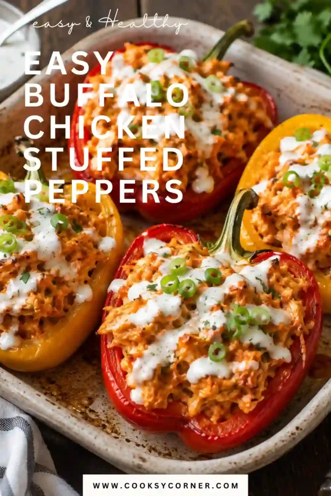Freshly baked Buffalo Chicken Stuffed Peppers arranged in a baking dish with tender bell peppers and spicy chicken filling. Dairy-free ranch and fresh herbs add a creamy finishing touch.