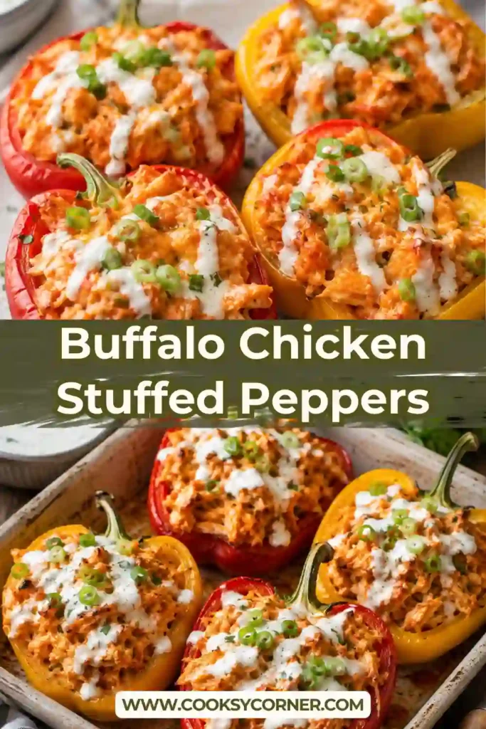 Buffalo Chicken Stuffed Peppers filled with creamy shredded buffalo chicken and topped with sliced green onions. These dairy free stuffed peppers make a colorful low carb dinner.