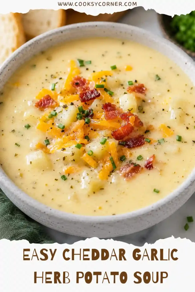 Creamy cheesy potato soup made with russet potatoes, sharp cheddar, garlic, thyme, and parsley. The finished soup has a rich golden color and a smooth, comforting texture.