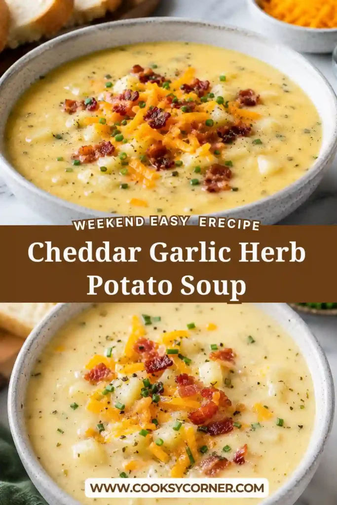 Homemade Cheddar Garlic Herb Potato Soup served hot with fresh parsley and melted cheddar. This easy potato soup recipe has a thick, creamy texture with visible pieces of tender potato.