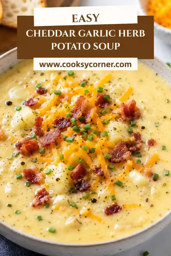 A warm bowl of Cheddar Garlic Herb Potato Soup topped with shredded cheddar and fresh parsley. The creamy potato soup features tender potatoes, garlic, herbs, and a rich cheddar base.