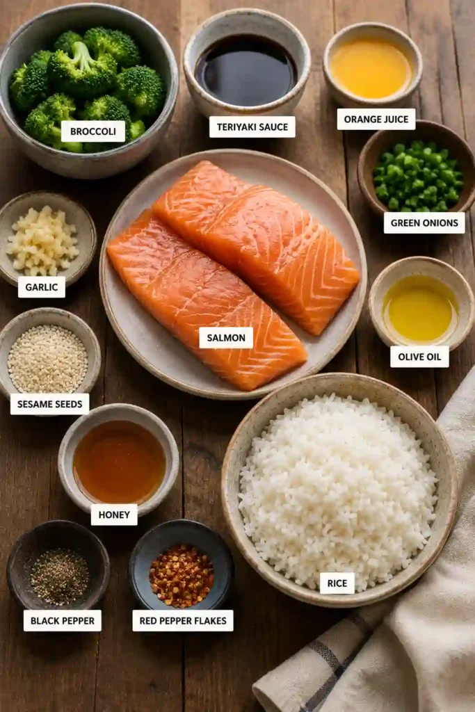 Orange Teriyaki Salmon served with steamed rice and topped with sesame seeds and green onions. The baked salmon is coated in a glossy homemade orange teriyaki sauce.