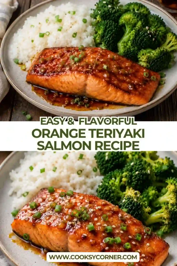Orange glazed salmon with caramelized teriyaki sauce served as an easy weeknight dinner. The tender salmon is finished with sesame seeds, green onions, and red pepper flakes.