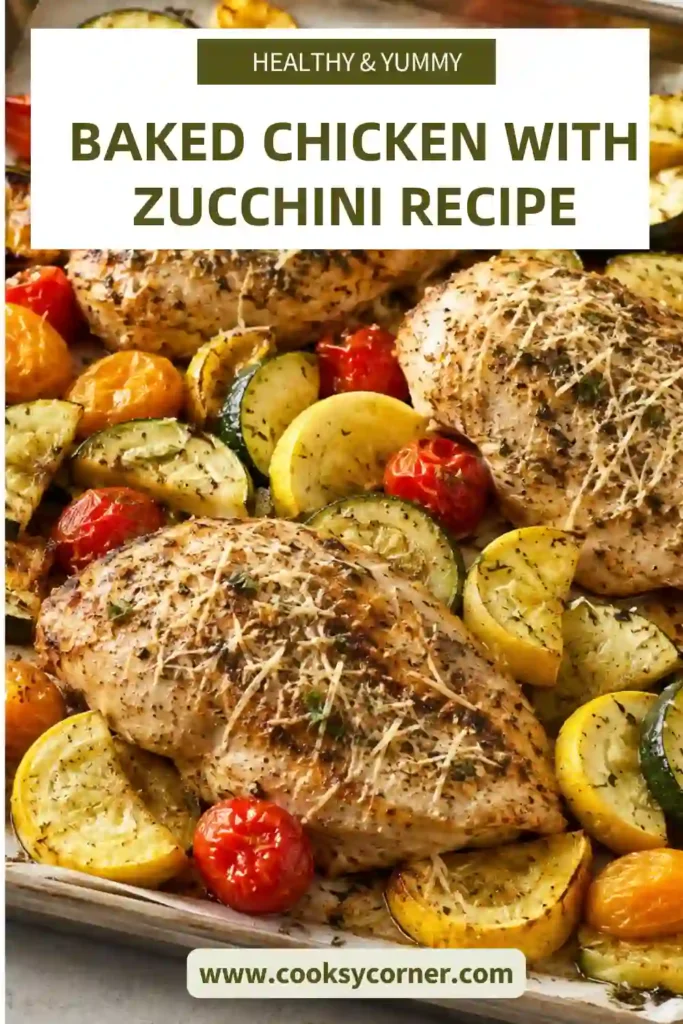 Sheet pan chicken and vegetables with golden chicken breast, zucchini half-moons, yellow squash, and grape tomatoes. The colorful baked dinner is seasoned with garlic, black pepper, and Italian herbs.