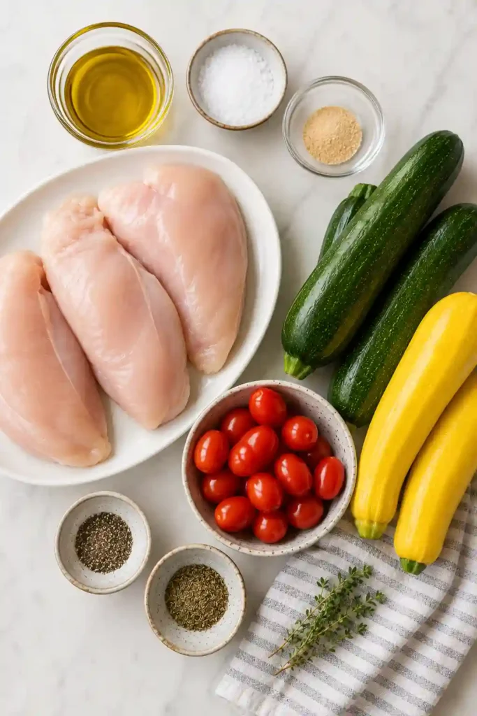 Italian baked chicken served with tender zucchini, yellow squash, and roasted tomatoes. This easy one-pan chicken and vegetable dinner is finished with herbs and optional Parmesan.