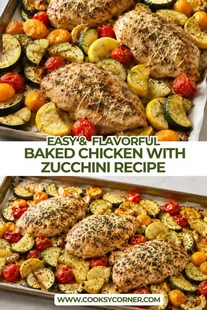 Baked chicken and zucchini arranged with yellow squash and juicy roasted tomatoes on a sheet pan. Garlic and Italian seasoning give this easy chicken dinner a savory herb-coated finish.