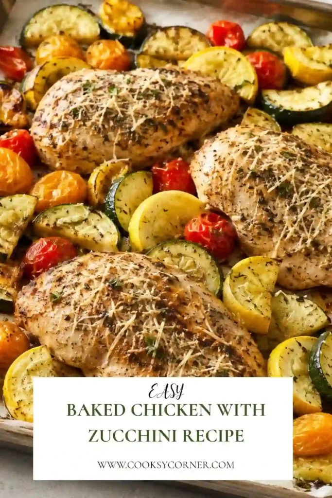 Easy Baked Chicken with Zucchini Recipe featuring juicy seasoned chicken breasts, zucchini, yellow squash, and roasted grape tomatoes. Italian herbs add a savory finish to this colorful sheet pan dinner.