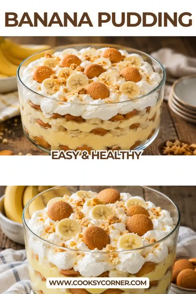 Classic Southern Easy Banana Pudding topped with fluffy whipped cream, crushed vanilla wafers, and fresh banana slices.