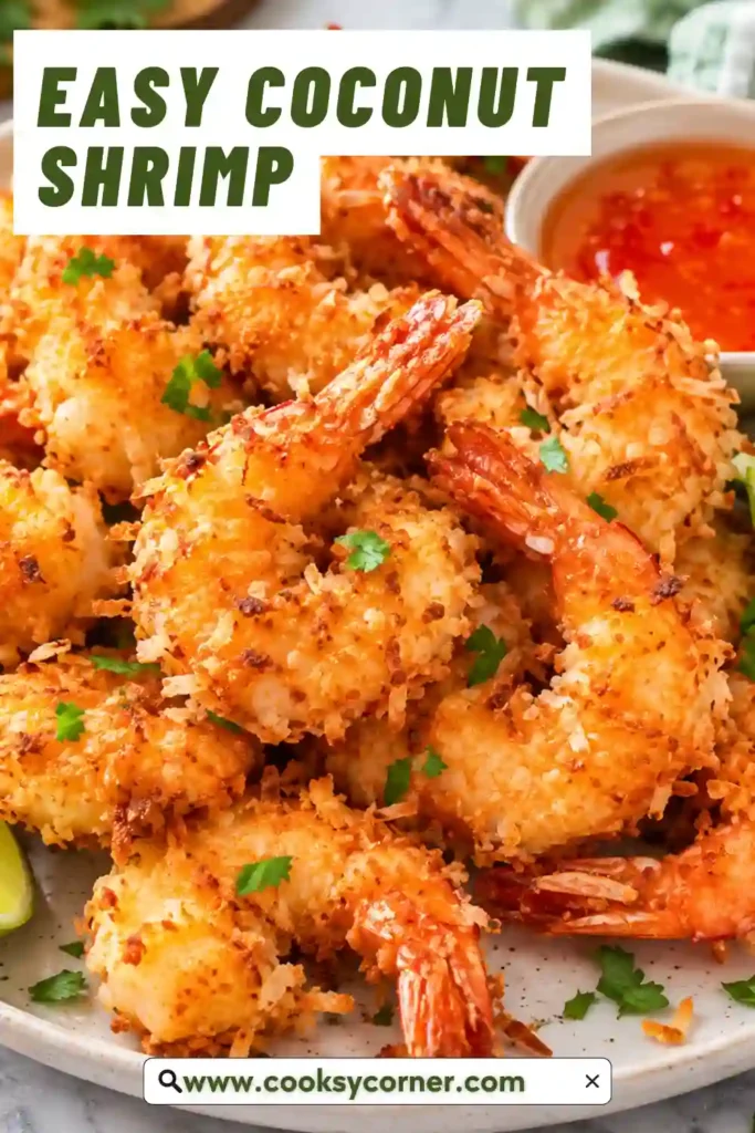 Restaurant-style Easy Coconut Shrimp with crunchy coconut coating served alongside sweet chili sauce in natural lighting.
