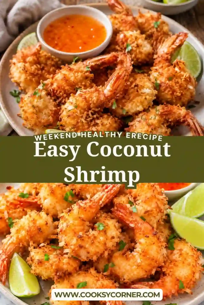 Crispy homemade coconut shrimp arranged on a serving platter with tropical dipping sauce, fresh cilantro, and chopped scallions.