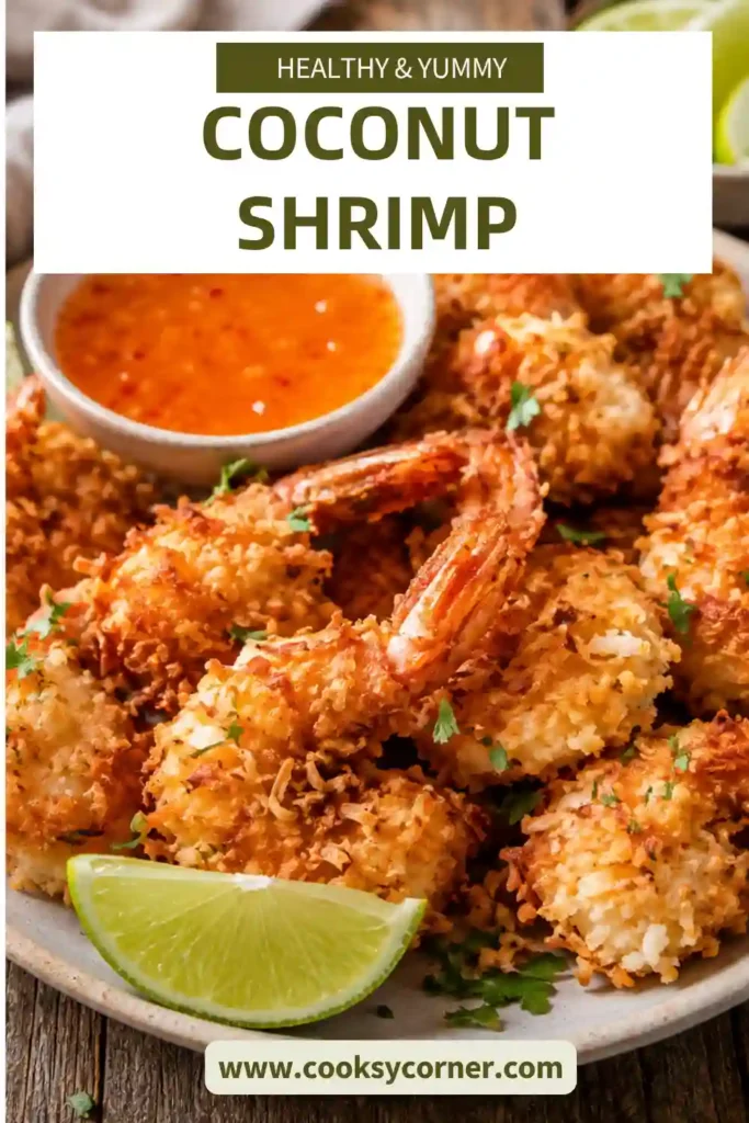Golden Easy Coconut Shrimp coated in crispy shredded coconut and panko breadcrumbs served with sweet Thai chili dipping sauce and lime wedges.