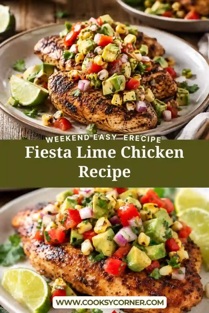 Fiesta lime chicken with avocado salsa served with corn, tomatoes, cilantro, jalapeño, and fresh lime. The golden chicken breast is sliced and topped with a colorful homemade salsa.