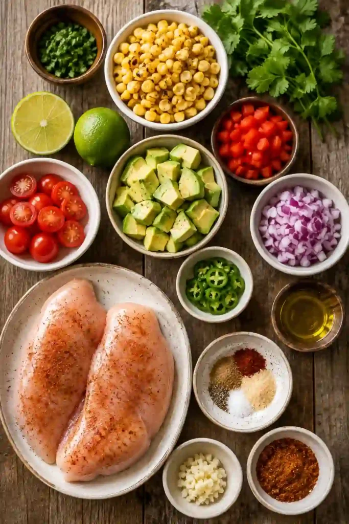 Chicken with avocado salsa featuring juicy lime-seasoned chicken, ripe avocado, sweet corn, tomatoes, and red onion. A fresh and colorful easy lime chicken dinner.