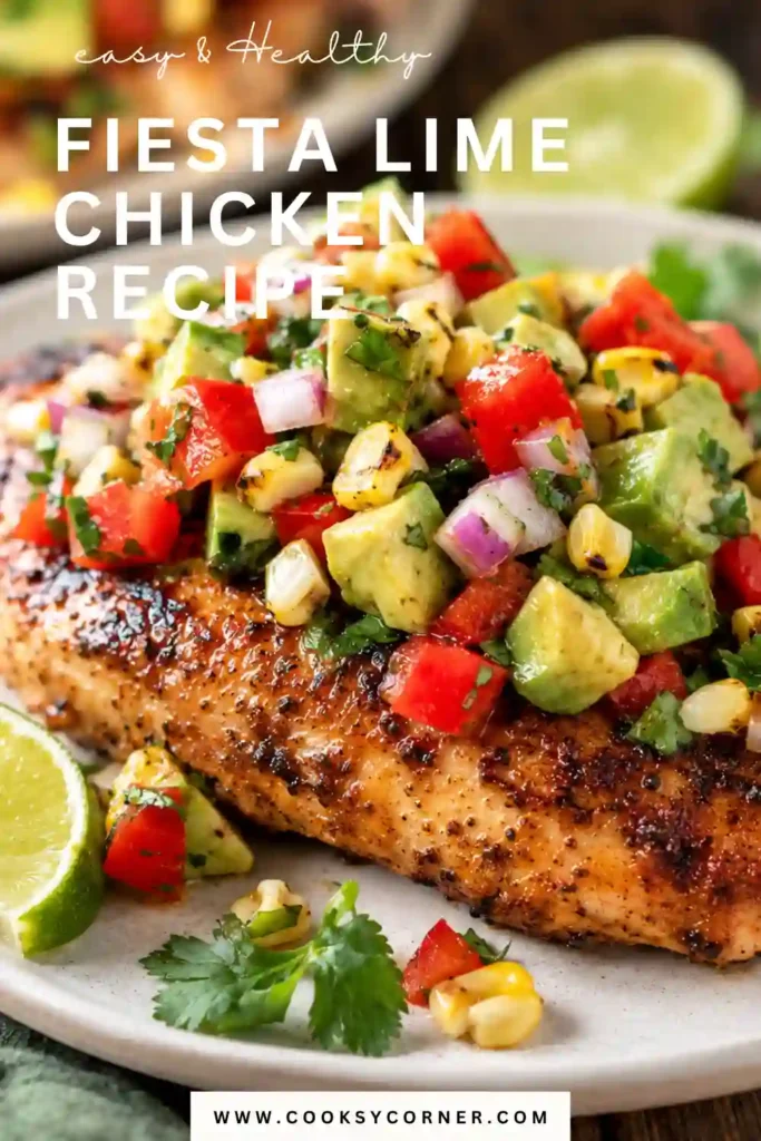 Grilled lime chicken topped with creamy avocado corn salsa and colorful fresh vegetables. This Mexican-inspired chicken recipe features smoky seasoning and bright citrus flavors.