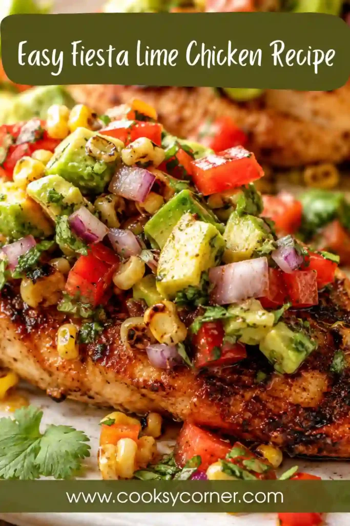 Fiesta Lime Chicken Recipe topped with fresh avocado salsa, sweet corn, cherry tomatoes, red onion, and cilantro. The juicy seasoned chicken is sliced and served with fresh lime.