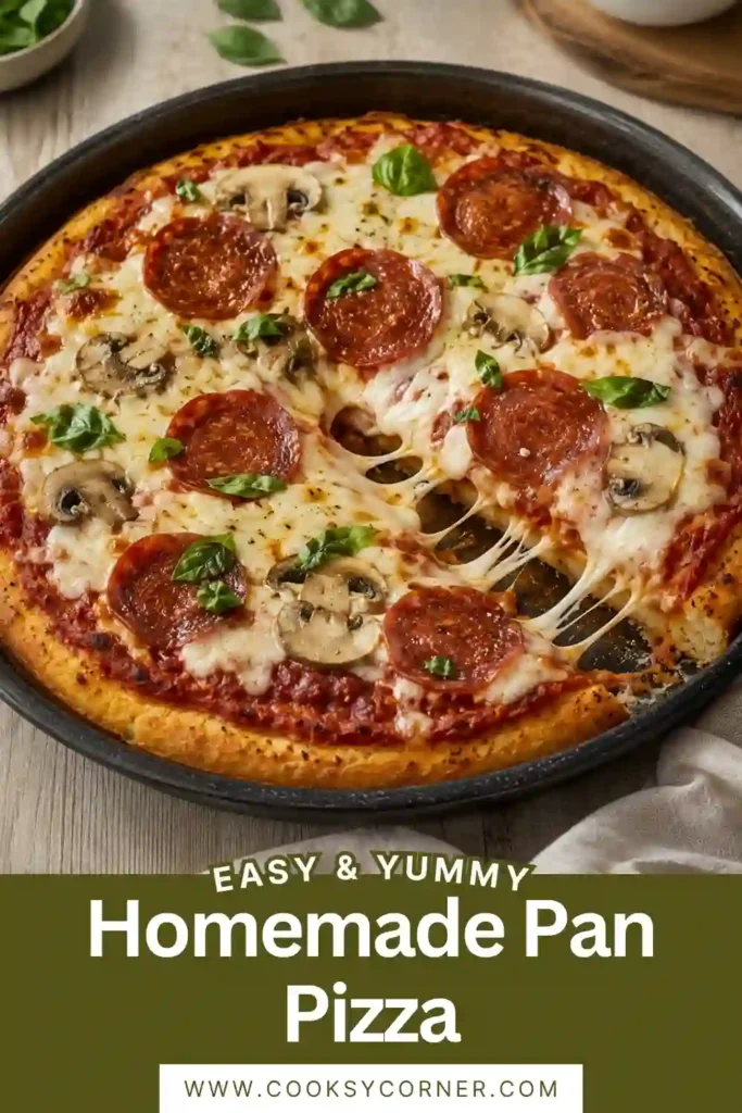 Easy pan pizza recipe featuring a thick golden homemade crust topped with tomato sauce, mozzarella, Monterey Jack, and mushrooms. Melted cheese covers the freshly baked pizza.