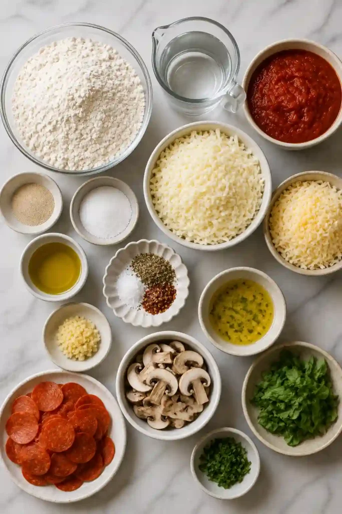 Slices of Easy Homemade Pan Pizza with crispy golden edges and bubbling melted cheese. Tomato sauce, halal pepperoni, mushrooms, and basil create a colorful homemade pizza dinner.