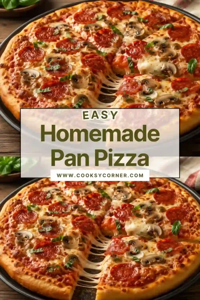 Freshly baked homemade pan pizza topped with bubbling cheese, savory halal beef pepperoni, tomato sauce, and fresh basil. The edges of the quick pizza crust are crisp and golden brown.
