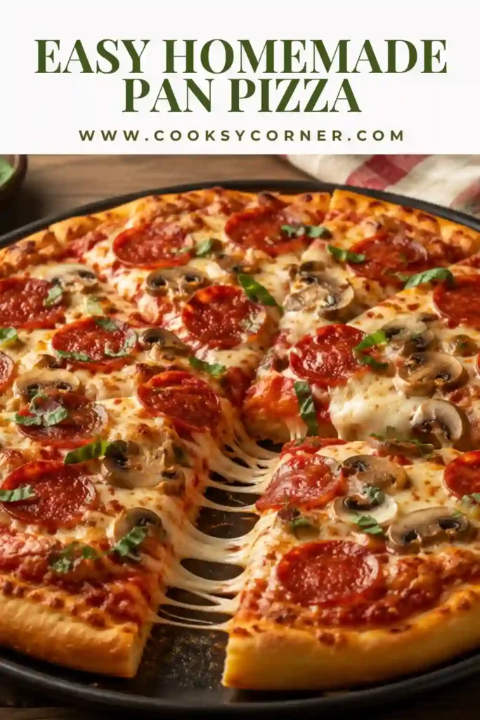 Easy Homemade Pan Pizza with a golden crust, tomato sauce, melted mozzarella, Monterey Jack, and halal pepperoni. Fresh basil adds color to the hot, cheesy homemade pizza.