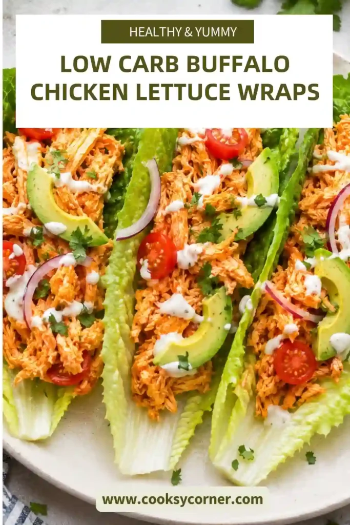 Healthy buffalo chicken lettuce wraps made with rotisserie chicken, Frank's RedHot Sauce, tomatoes, avocado, and romaine lettuce in natural lighting.