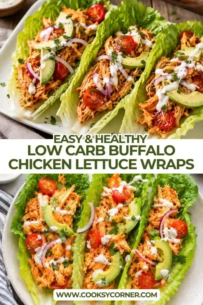 Easy Low Carb Buffalo Chicken Lettuce Wraps topped with creamy avocado and fresh vegetables, served on a platter with ranch dressing.