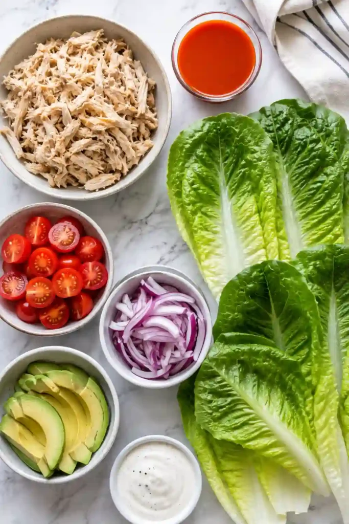 A colorful plate of keto buffalo chicken lettuce wraps garnished with avocado, tomatoes, and red onion for a fresh, high-protein meal.