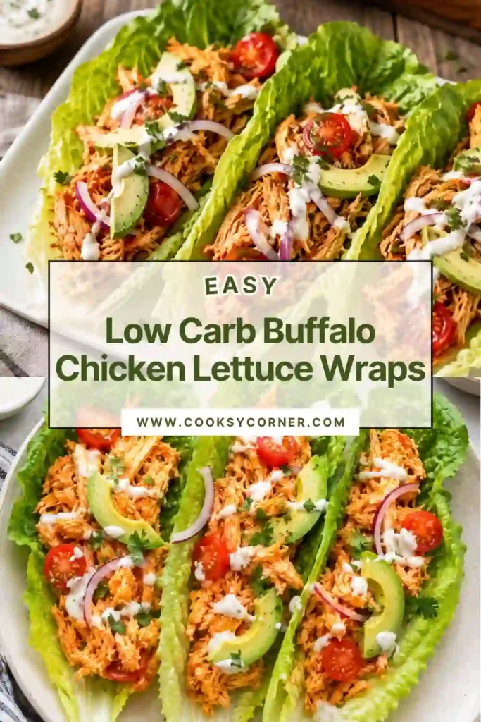 Fresh buffalo chicken lettuce wraps filled with shredded chicken, avocado, cherry tomatoes, and red onion on crisp romaine leaves. A healthy low-carb meal perfect for lunch or dinner.