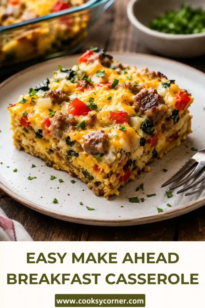 Freshly baked overnight breakfast casserole with eggs, halal beef sausage, spinach, peppers, mushrooms, and toasted bread cubes.